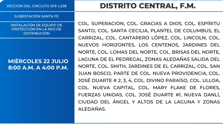 Foto de las Zonas de el Distrito Central que estarán sin energía este miércoles 22 de julio, según la ENEE.