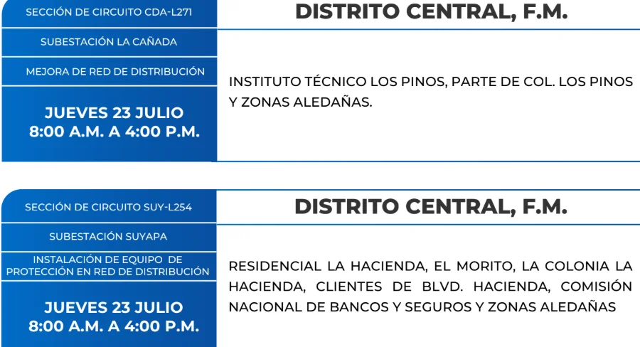 Foto de las Zonas de el Distrito Central que estarán sin energía este jueves 23 de julio, según la ENEE.