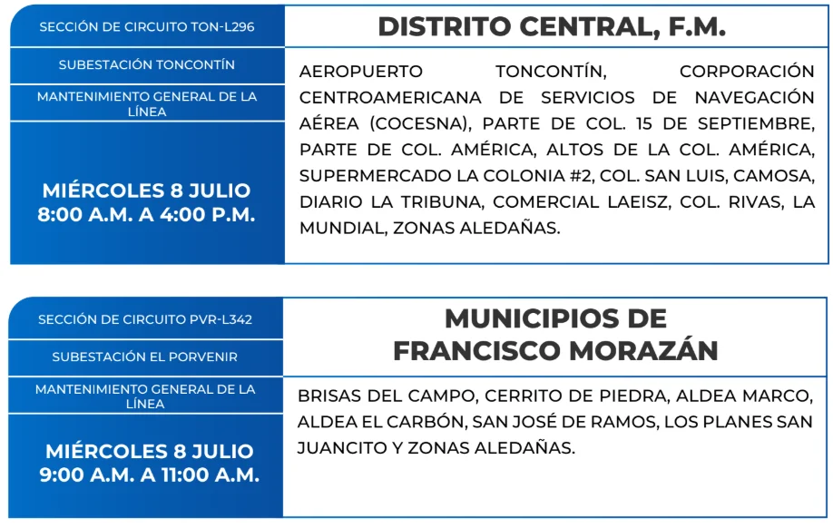Foto de las Zonas de el Distrito Central y Francisco Morazán que estarán sin energía este miércoles 8 de julio, según la ENEE.
