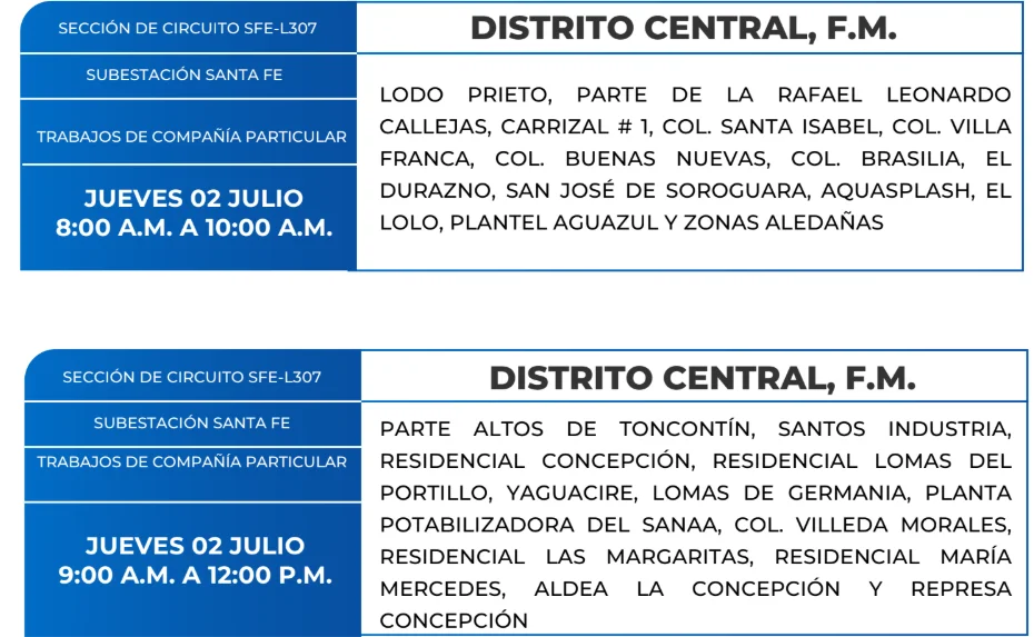 Foto de las Zonas de el Distrito Central que estarán sin energía este jueves 2 de julio, según la ENEE.