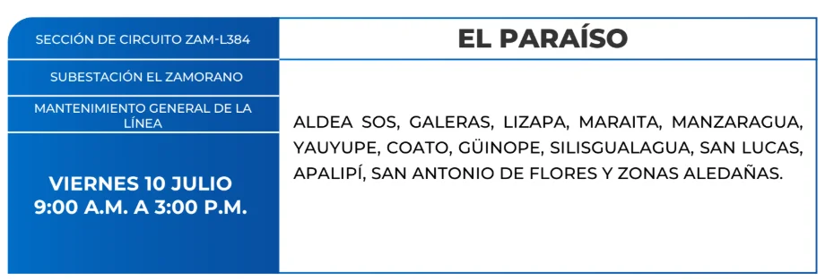 foto de las Zonas de El Paraíso que estarán sin energía este viernes 10 de julio, según ENEE