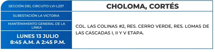 Foto de las Zonas de Choloma, Cortés estarán sin energía este lunes 13 de julio, según la ENEE.