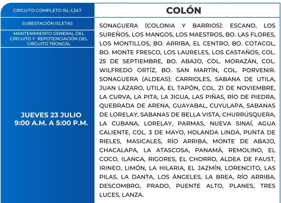 Foto de las Zonas de Colón que estarán sin energía este jueves 23 de julio, según la ENEE.