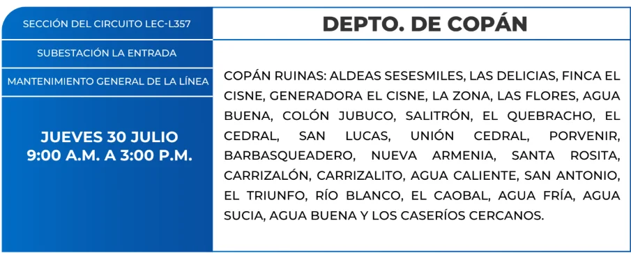 Foto de las Zonas de Copán que estarán sin energía este jueves 30 de julio, según la ENEE.