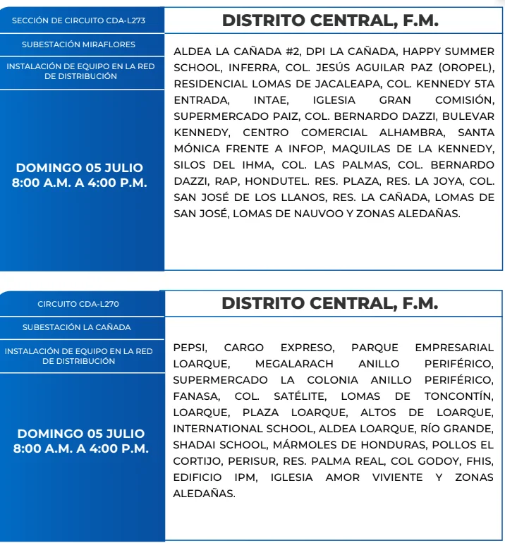 Foto de las Zonas de el Distrito Central que estarán sin energía eléctrica este domingo 5 de julio, según la ENEE.