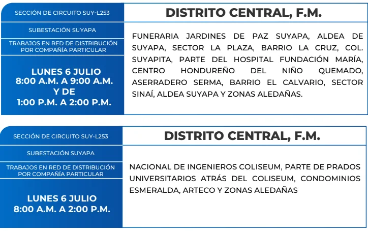 Foto de las Zonas de el Distrito Central que estarán sin energía este lunes 6 de julio, según la ENEE.