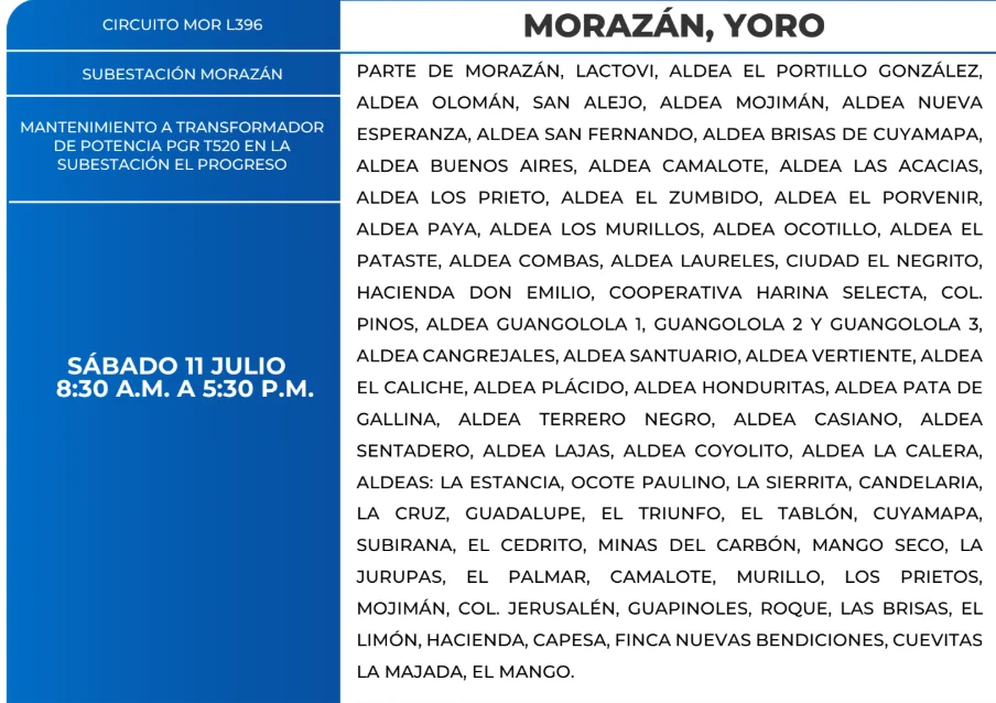 Foto de las Zonas de Morazán, Yoro que estarán sin energía este sábado 11 de julio, según la ENEE.