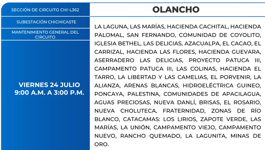 Foto de las Zonas de Olancho que estarán sin energía este viernes 23 de julio, según la ENEE.