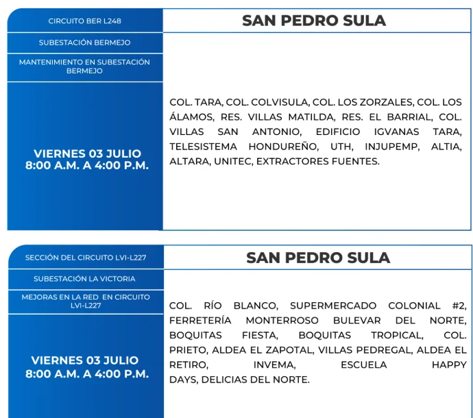 Foto de las Zonas de San Pedro Sula que estarán sin energía este viernes 3 de julio, según la ENEE.