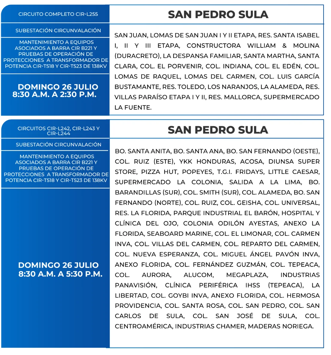 Foto de las Zonas que estarán sin energía este domingo 26 de julio en San Pedro Sula, según la ENEE.
