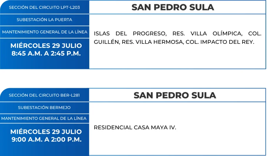 Foto de las Zonas de San Pedro Sula que estarán sin energía este miércoles 28 de julio, según la ENEE.