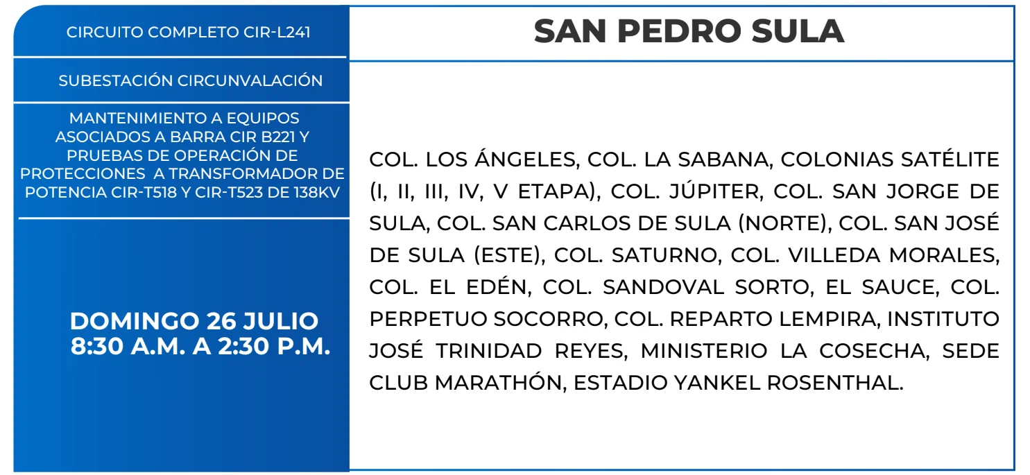 Foto de las Zonas que estarán sin energía este domingo 26 de julio en San Pedro Sula, según la ENEE.