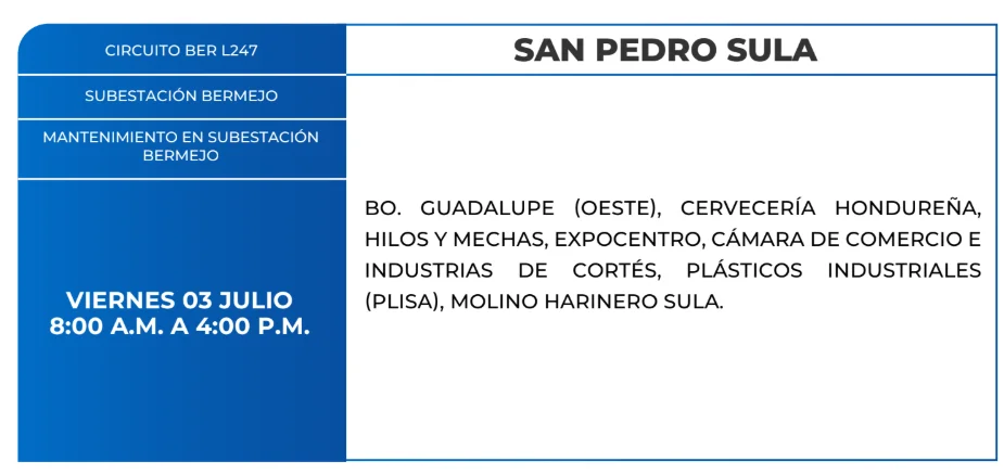 Foto de las Zonas de San Pedro Sula que estarán sin energía este viernes 3 de julio, según la ENEE.