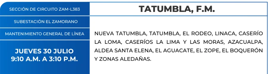 Foto de Zonas de Tatumbla que estarán sin energía este jueves 30 de julio, según la ENEE.