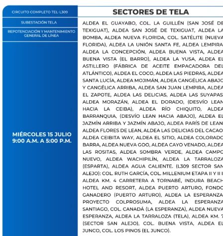 Foto Zonas sin energía en Tela este miércoles 15 de julio, según la ENEE.