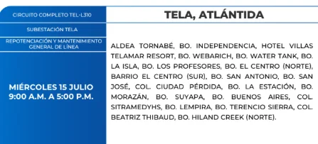 Foto de las Zonas sin energía en Tela, Atlántida este miércoles 15 de julio, según la ENEE.
