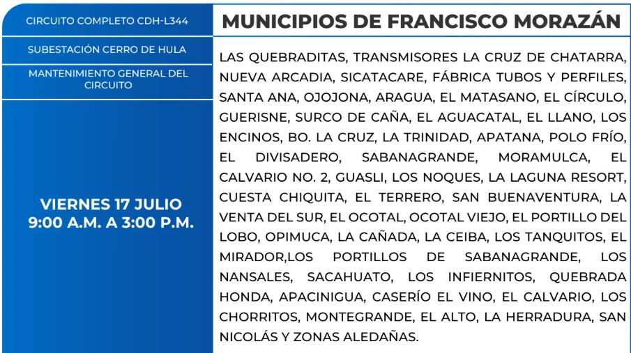 Foto de Zonas de Franisco Morazán que estarán sin energía este viernes 17 de julio, según la ENEE.