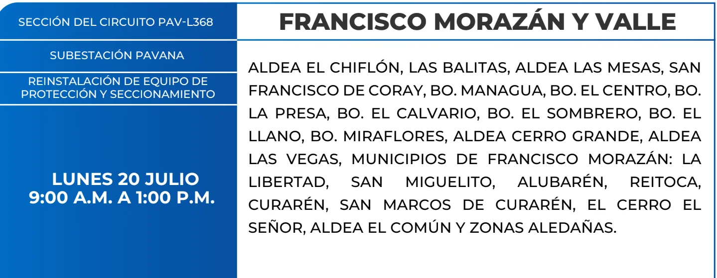 Foto de las Zonas de Francisco Morazán que estarán sin energía este lunes 20 de julio, según la ENEE.