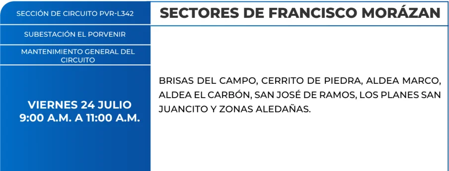 Foto de las Zonas de Francisco Morazán que estarán sin energía este viernes 23 de julio, según la ENEE.