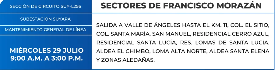 Zonas de Francisco Morazán que estarán sin energía este miércoles 28 de julio, según la ENEE.