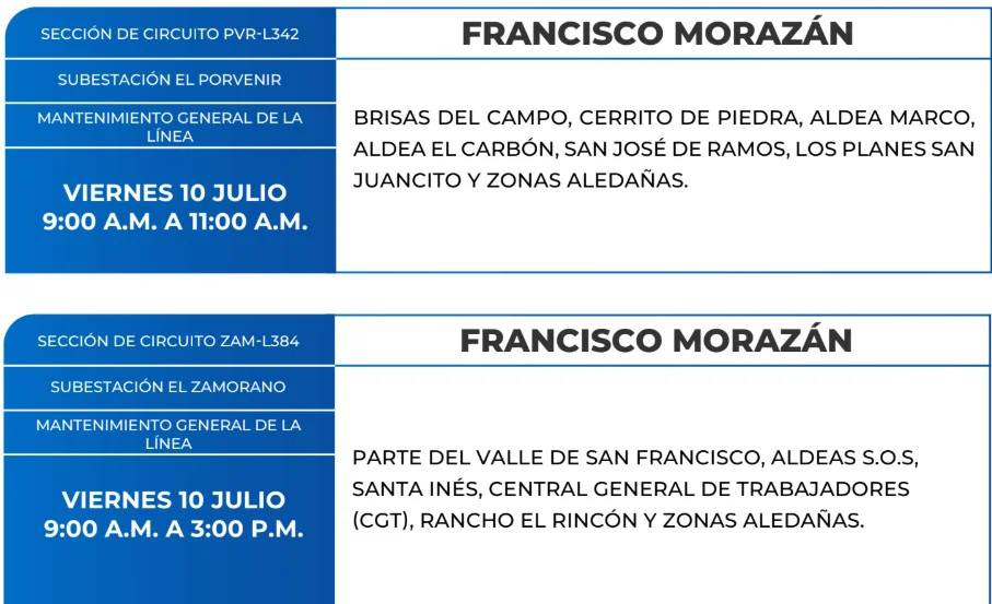 Foto de las Zonas de Francisco Morazán que estarán sin energía este viernes 10 de julio, según ENEE