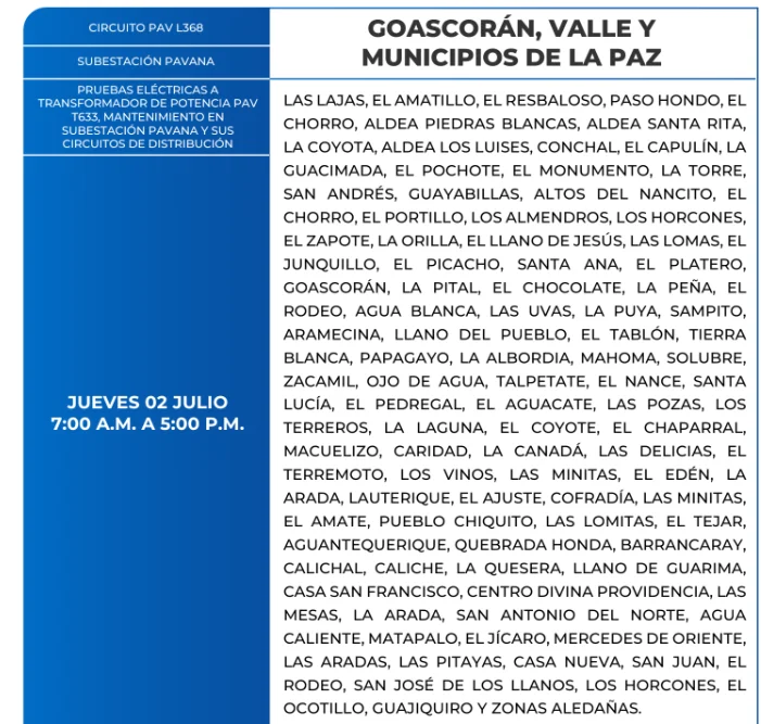Foto de las onas de Goascorán, Valle y La Paz que estarán sin energía este jueves 2 de julio, según la ENEE.