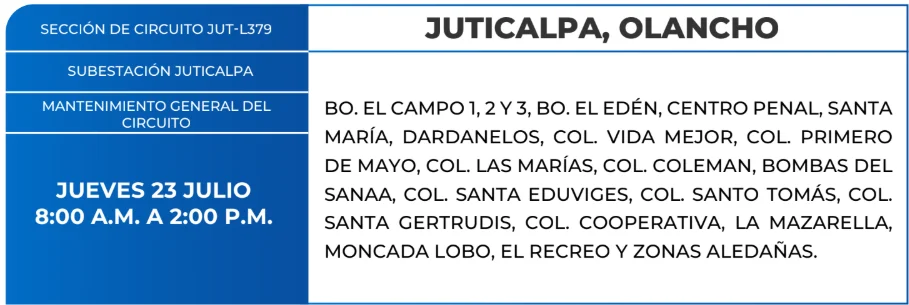 Foto de las Zonas de Juticalpa, Olancho que estarán sin energía este jueves 23 de julio, según la ENEE.