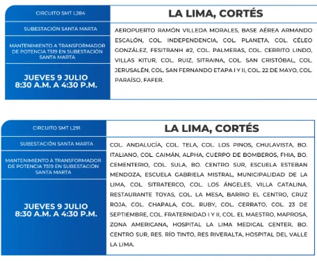 Foto de las Zonas de La Lima, Cortés estarán sin energía eléctrica este jueves 9 de julio, según la ENEE.