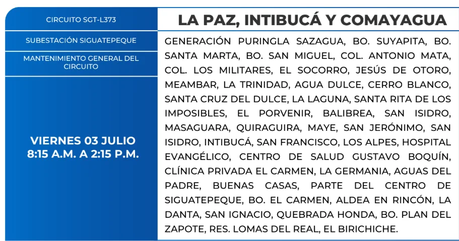 Foto de las Zonas de La Paz, Intibucá y Comayagua que estarán sin energía este viernes 3 de julio, según la ENEE.