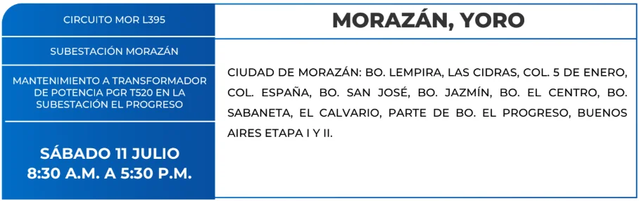 Foto de Zonas de Morazán, Yoro que estarán sin energía este sábado 11 de julio, según la ENEE.