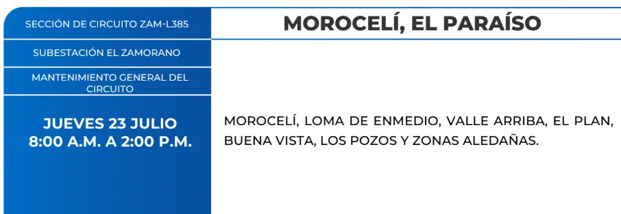 Foto de las Zonas de Morocelí, El Paraíso que estarán sin energía este jueves 23 de julio, según la ENEE.