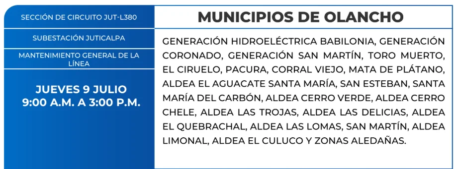 Foto de las Zonas de Olancho estarán sin energía eléctrica este jueves 9 de julio, según la ENEE.