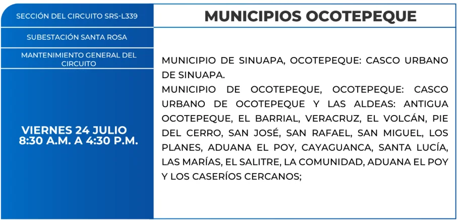 Foto de las Zonas de Ocotepeque que estarán sin energía este viernes 23 de julio, según la ENEE.