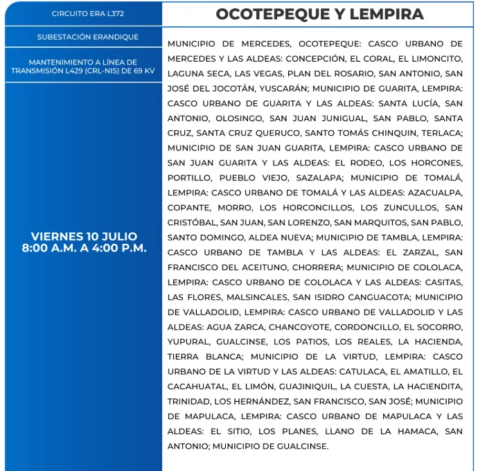 Foto de las Zonas de Ocotepeque, Lempira que estarán sin energía este viernes 10 de julio, según ENEE