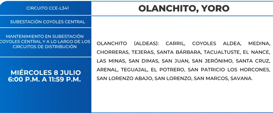 Foto de Zonas de Olanchito y Yoro que estarán sin energía este miércoles 8 de julio, según la ENEE.las