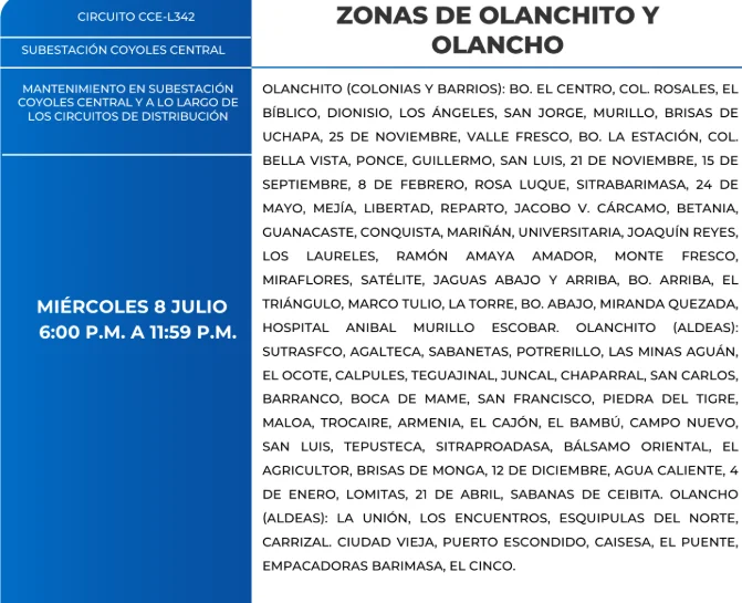 Foto de las Zonas de Olanchito y Olancho que estarán sin energía este miércoles 8 de julio, según la ENEE.
