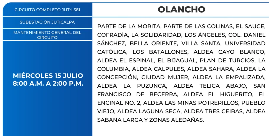 Foto de las Zonas sin energía en Olancho este miércoles 15 de julio, según la ENEE.