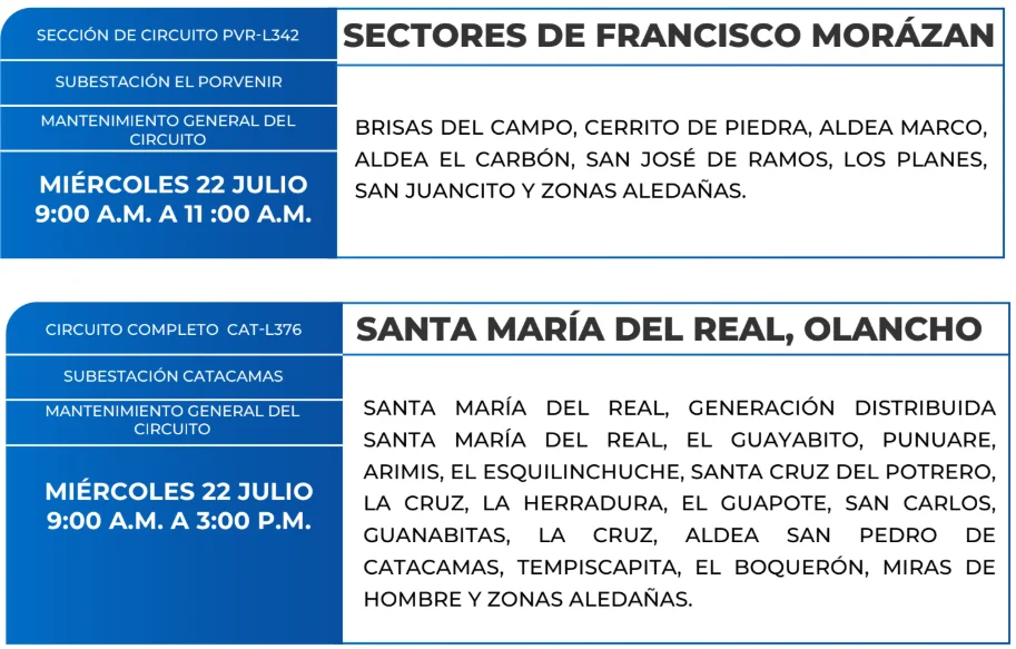 Foto de las Zonas de Francisco Morazán y Santa María del Real, Olancho que estarán sin energía este miércoles 22 de julio, según la ENEE.