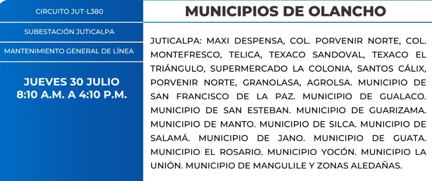 Foto de las Zonas de Olancho que estarán sin energía este jueves 30 de julio, según la ENEE.