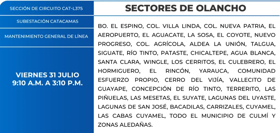 Foto de las Zonas de Olancho que estarán sin energía eléctrica este viernes 31 de julio, según la ENEE.