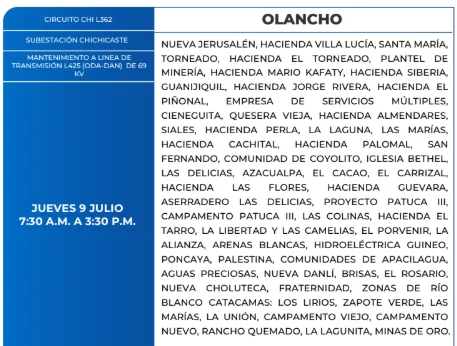 Foto de las Zonas de Olancho estarán sin energía eléctrica este jueves 9 de julio, según la ENEE.