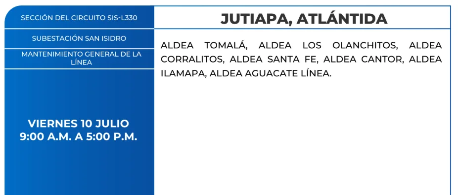 Foto de Zonas de Jutiapa, Atlántida que estarán sin energía este viernes 10 de julio, según ENEE