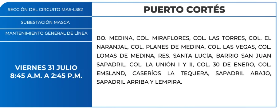 Foto de las Zonas de Puerto Cortés que estarán sin energía eléctrica este viernes 31 de julio, según la ENEE.