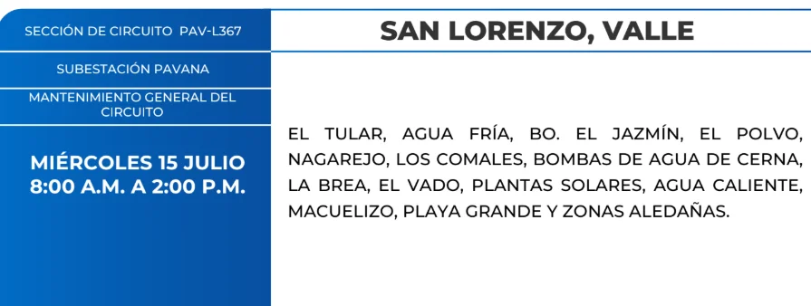 Foto de las Zonas sin energía en San Lorenzo Valle este miércoles 15 de julio, según la ENEE.