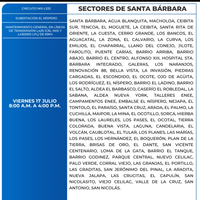 Fotop de las Zonas de Santa Bárbara que estarán sin energía este viernes 17 de julio, según la ENEE.