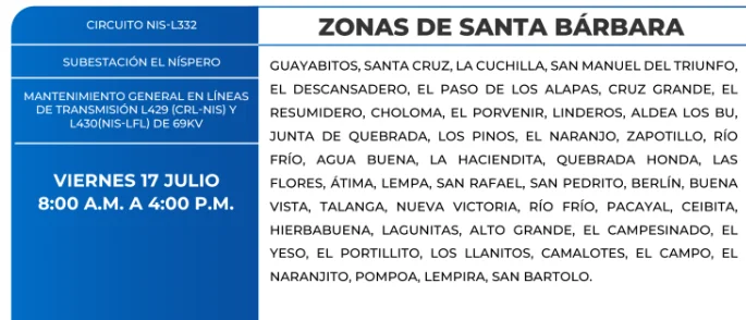Foto de las zonas de Zonas de Santa Bárbara que estarán sin energía este viernes 17 de julio, según la ENEE.