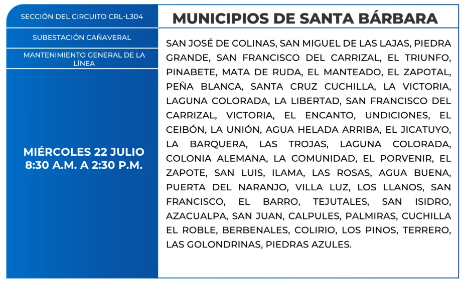Foto de las Zonas de Santa Barbara ue estarán sin energía este miércoles 22 de julio, según la ENEE.