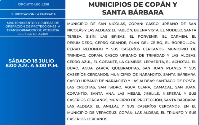 Foto de las Zonas sin energía en Santa Bárbara este sábado 18 de julio, según la ENEE.