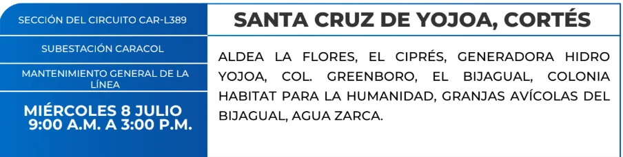 Foto de las Zonas de Santa Cruz de Yojoa, Cortés que estarán sin energía este miércoles 8 de julio, según la ENEE.