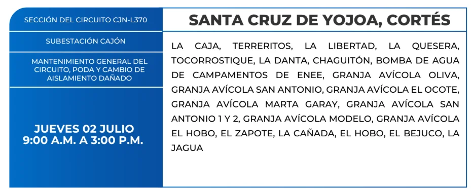 Foto de las Zonas de Santa Cruz de Yojoa que estarán sin energía este jueves 2 de julio, según la ENEE.